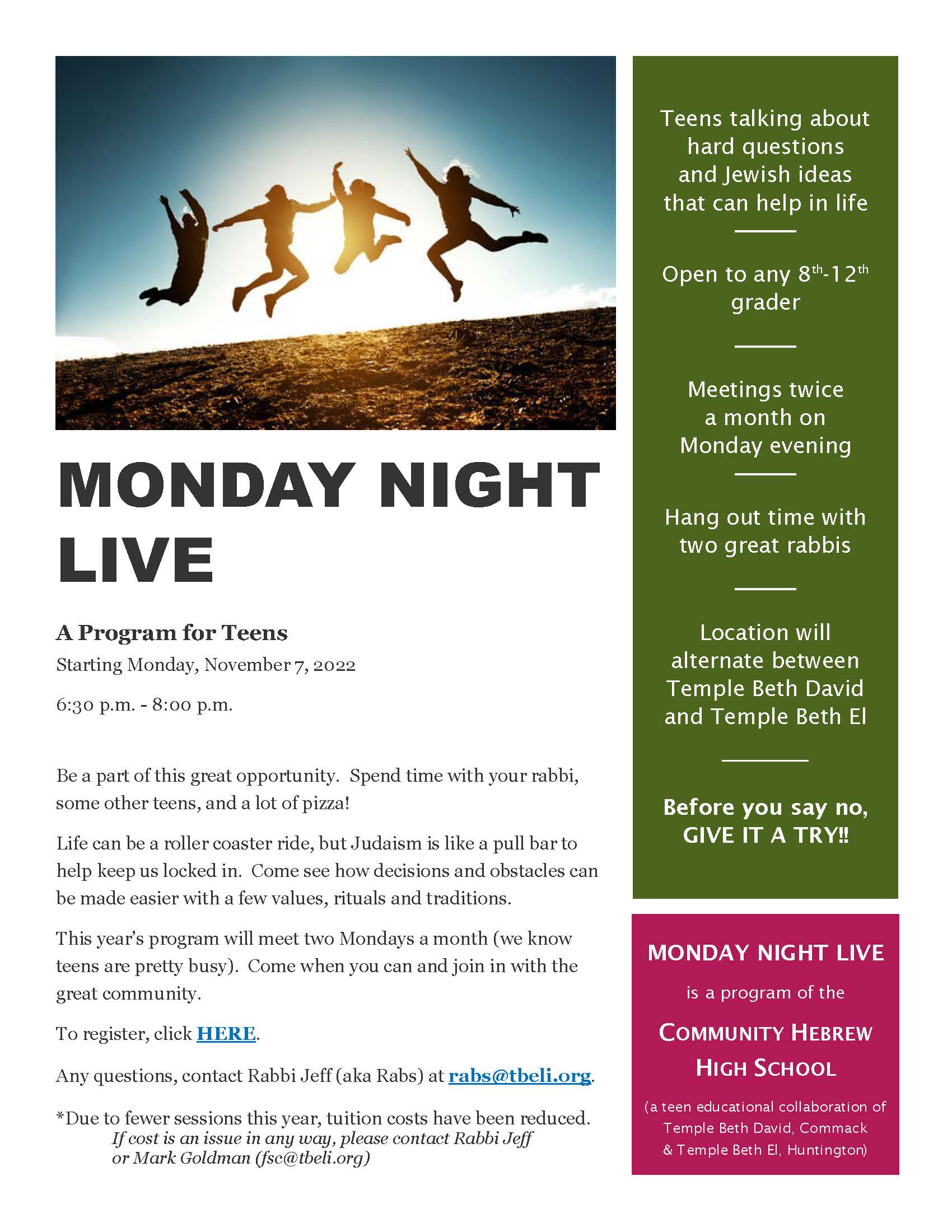 Monday Night Live (Hebrew High) | Temple Beth El - Reform Jewish Temple ...